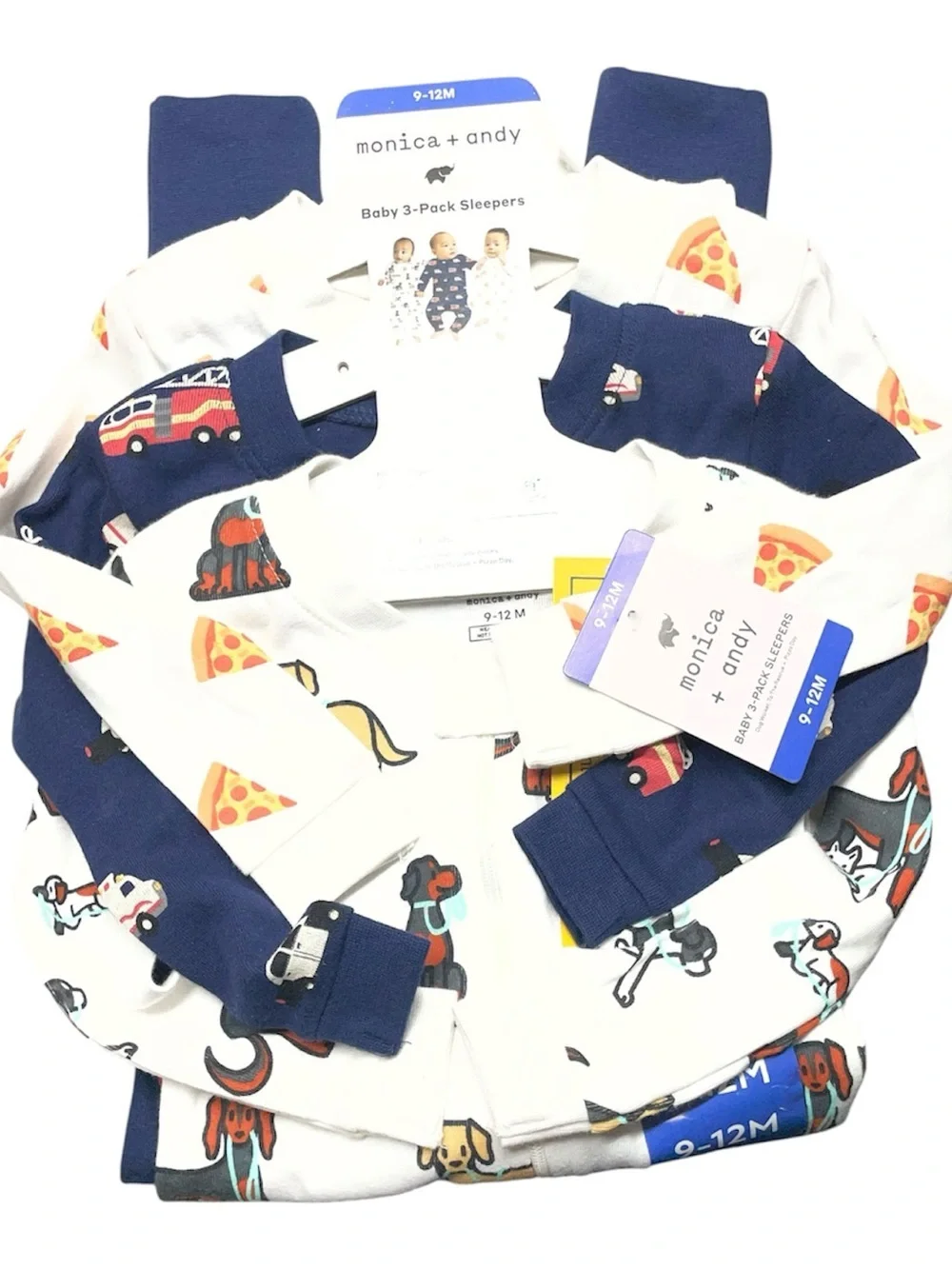 3-Pack Baby Footed Zippert Rompers 9-12m - Dog, Pizza & Vehicle Prints